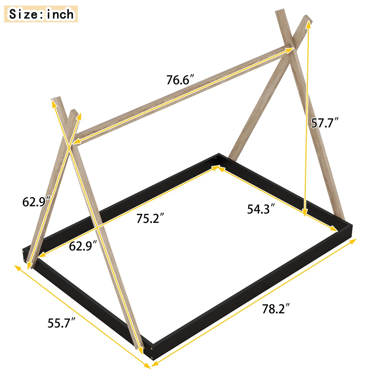 Twin/Full Size Tent Wood Floor Bed with Triangle Structure & X-Shaped Safety railings, Montessori Style House Tent Bed Frame
