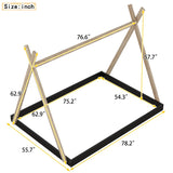 Twin/Full Size Tent Wood Floor Bed with Triangle Structure & X-Shaped Safety railings, Montessori Style House Tent Bed Frame