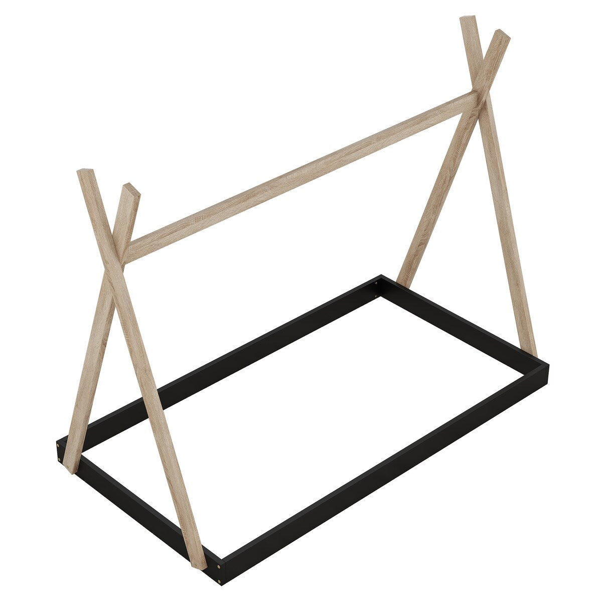 Twin/Full Size Tent Wood Floor Bed with Triangle Structure & X-Shaped Safety railings, Montessori Style House Tent Bed Frame