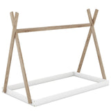 Twin/Full Size Tent Wood Floor Bed with Triangle Structure & X-Shaped Safety railings, Montessori Style House Tent Bed Frame