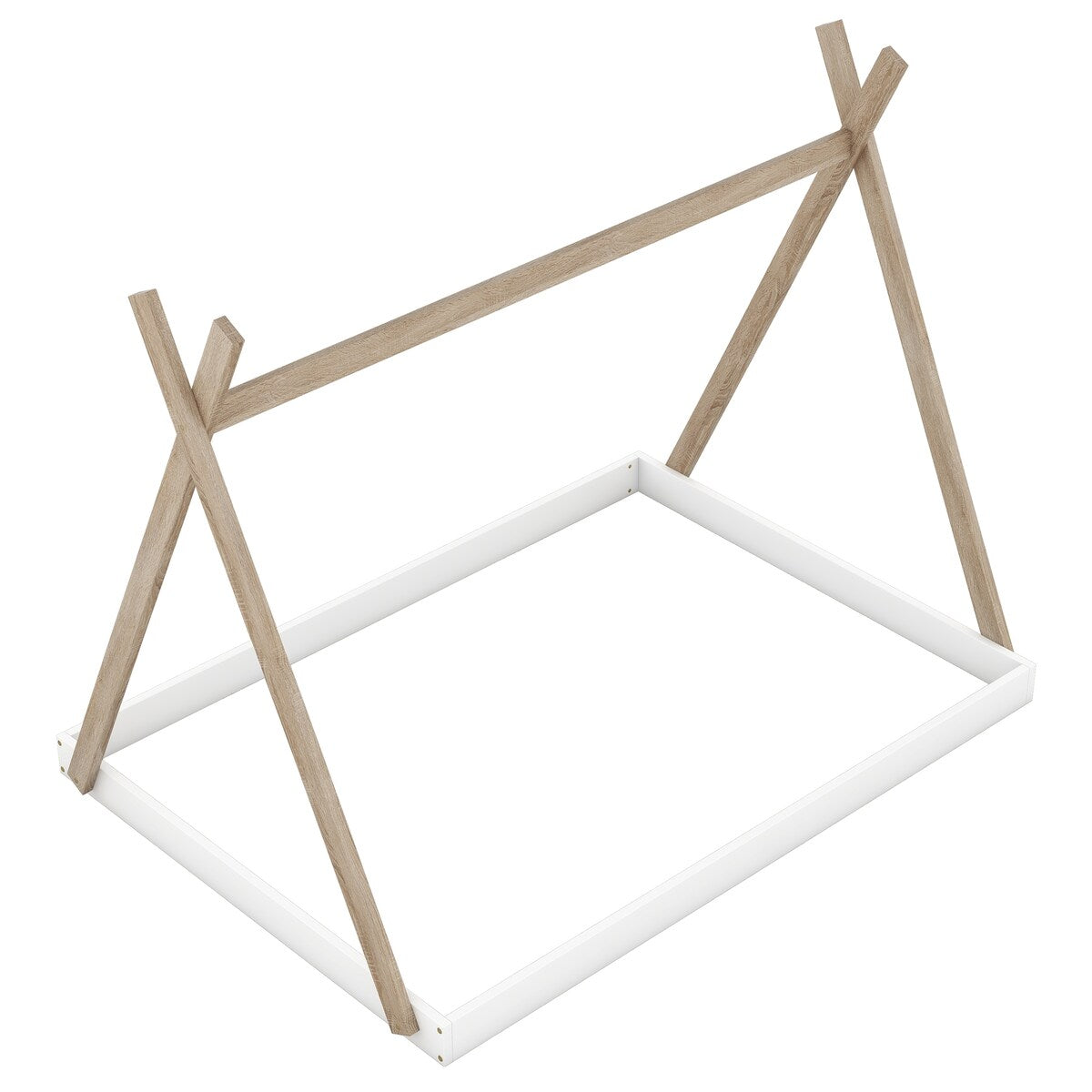 Twin/Full Size Tent Wood Floor Bed with Triangle Structure & X-Shaped Safety railings, Montessori Style House Tent Bed Frame