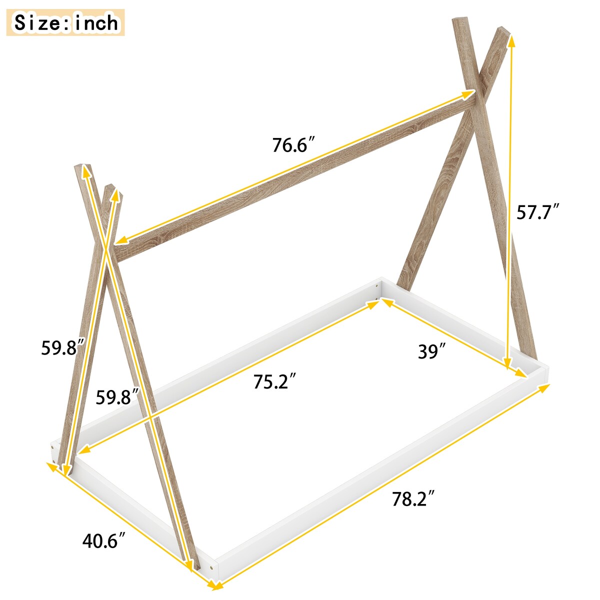 Twin/Full Size Tent Wood Floor Bed with Triangle Structure & X-Shaped Safety railings, Montessori Style House Tent Bed Frame