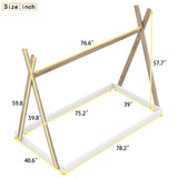 Twin/Full Size Tent Wood Floor Bed with Triangle Structure & X-Shaped Safety railings, Montessori Style House Tent Bed Frame