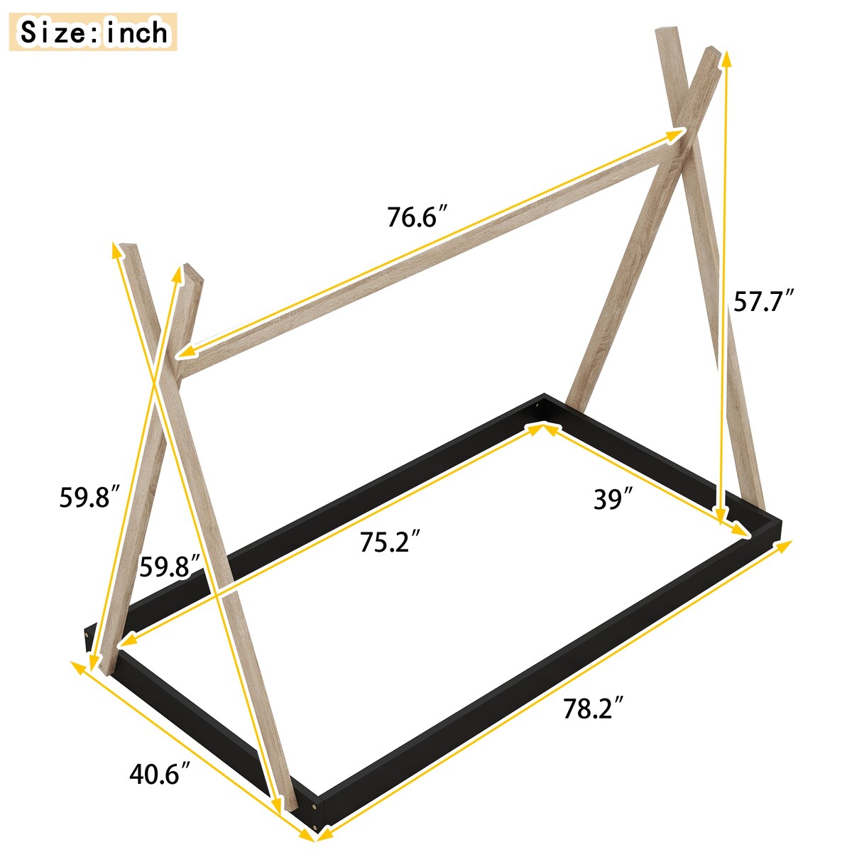 Twin/Full Size Tent Wood Floor Bed with Triangle Structure & X-Shaped Safety railings, Montessori Style House Tent Bed Frame
