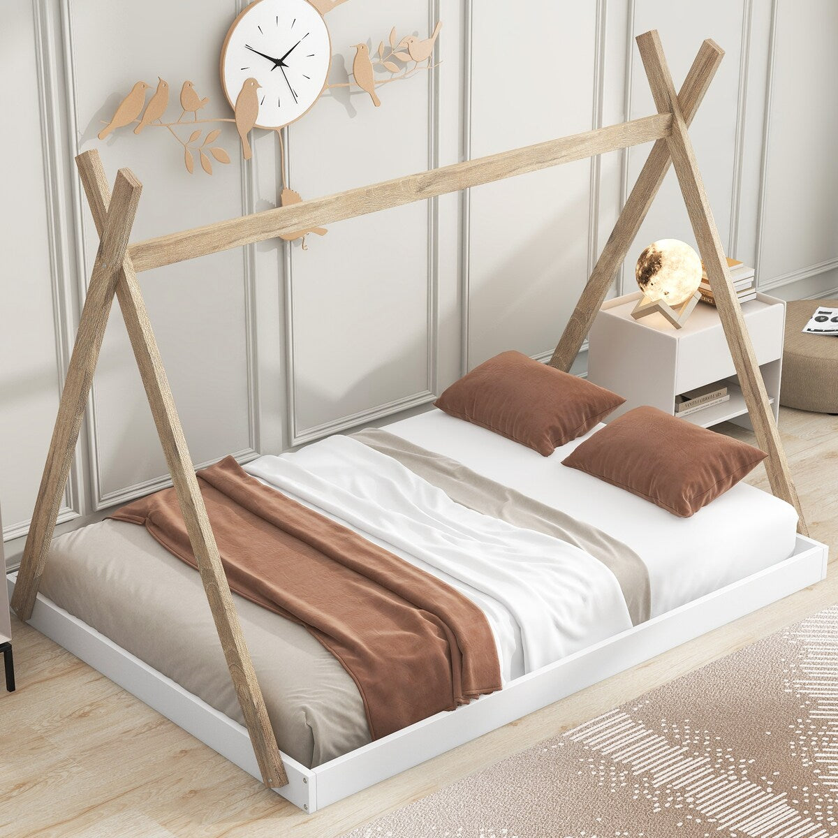 Twin/Full Size Tent Wood Floor Bed with Triangle Structure & X-Shaped Safety railings, Montessori Style House Tent Bed Frame