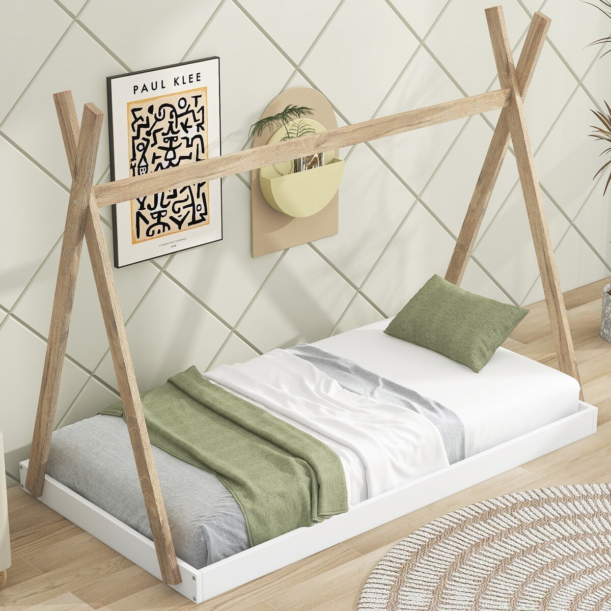 Twin/Full Size Tent Wood Floor Bed with Triangle Structure & X-Shaped Safety railings, Montessori Style House Tent Bed Frame