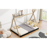 Twin/Full Size Tent Wood Floor Bed with Triangle Structure & X-Shaped Safety railings, Montessori Style House Tent Bed Frame