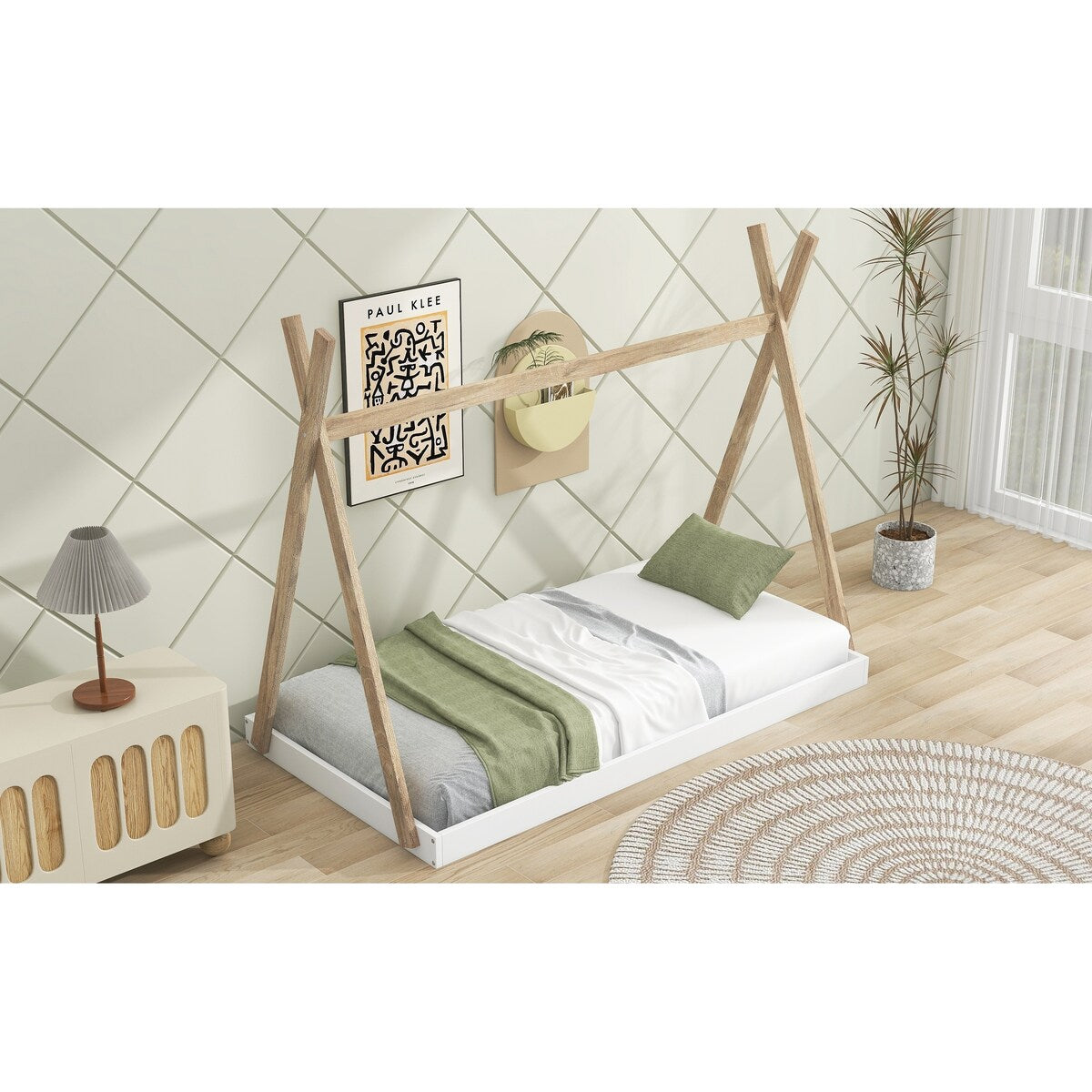 Twin/Full Size Tent Wood Floor Bed with Triangle Structure & X-Shaped Safety railings, Montessori Style House Tent Bed Frame