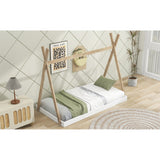 Twin/Full Size Tent Wood Floor Bed with Triangle Structure & X-Shaped Safety railings, Montessori Style House Tent Bed Frame