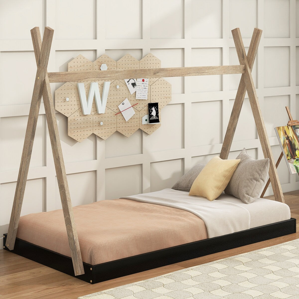 Twin/Full Size Tent Wood Floor Bed with Triangle Structure & X-Shaped Safety railings, Montessori Style House Tent Bed Frame