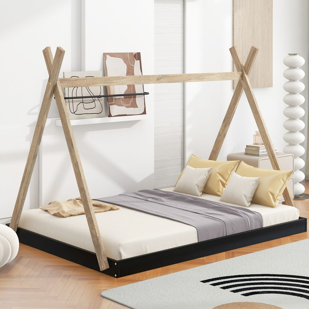 Twin/Full Size Tent Wood Floor Bed with Triangle Structure & X-Shaped Safety railings, Montessori Style House Tent Bed Frame