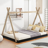 Twin/Full Size Tent Wood Floor Bed with Triangle Structure & X-Shaped Safety railings, Montessori Style House Tent Bed Frame