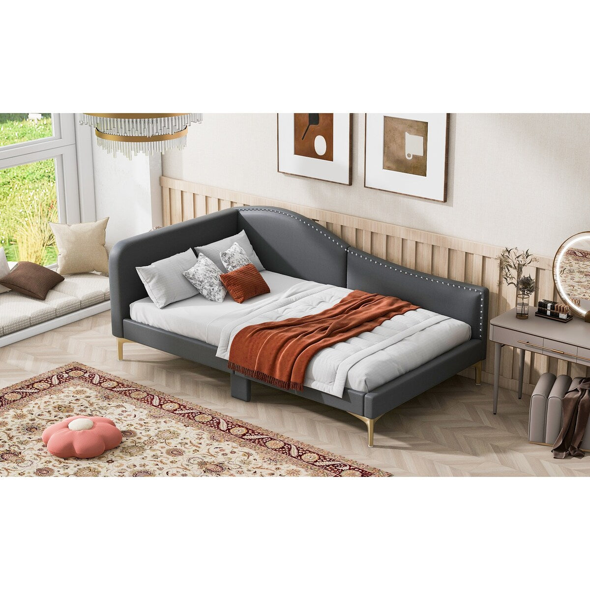 Twin Full Size Upholstered Daybed with Headboard and Armrest Linen Da Overstock