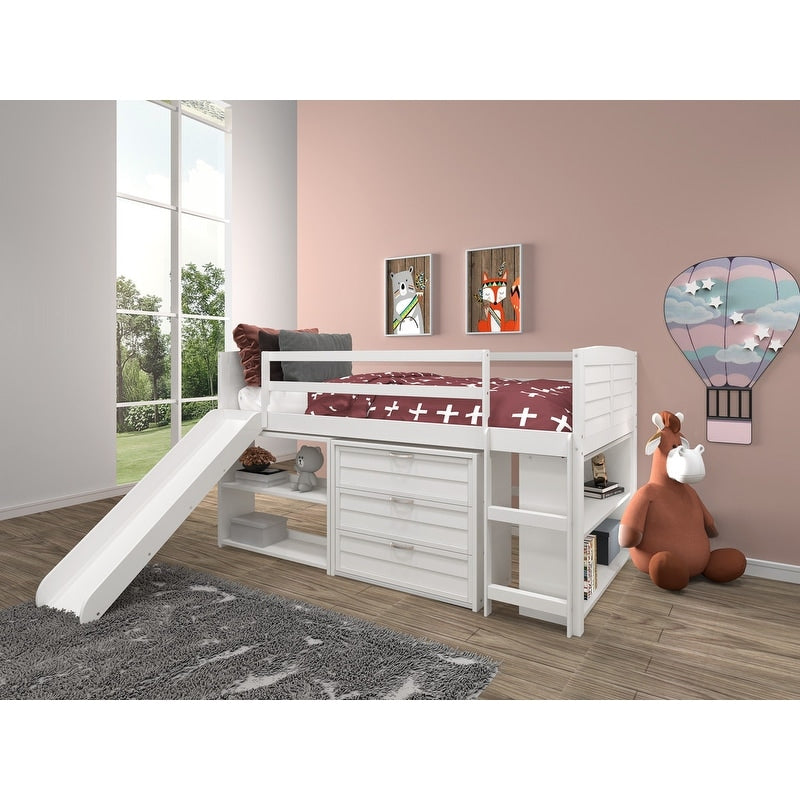 Twin Louver Low Loft in White with Slide, 3 Drawer Chest, 2 Drawer Chest with Shelves or Bookcase