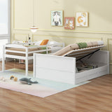Twin Over Full Bunk Bed with Hydraulic Lift Up Storage, Detachable 2 Separate Platform Bed, Wood Bunk Bed Frame with Guard Rails