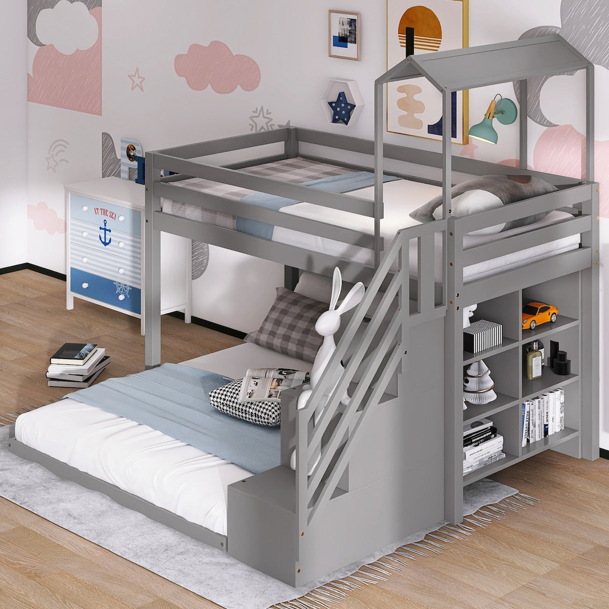 Twin Over Full House Roof Bunk Bed with Staircase, Stairway Bedrfame with Shelves & Moveable Down-Bed & Safety Guardrails