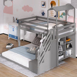 Twin Over Full House Roof Bunk Bed with Staircase, Stairway Bedrfame with Shelves & Moveable Down-Bed & Safety Guardrails