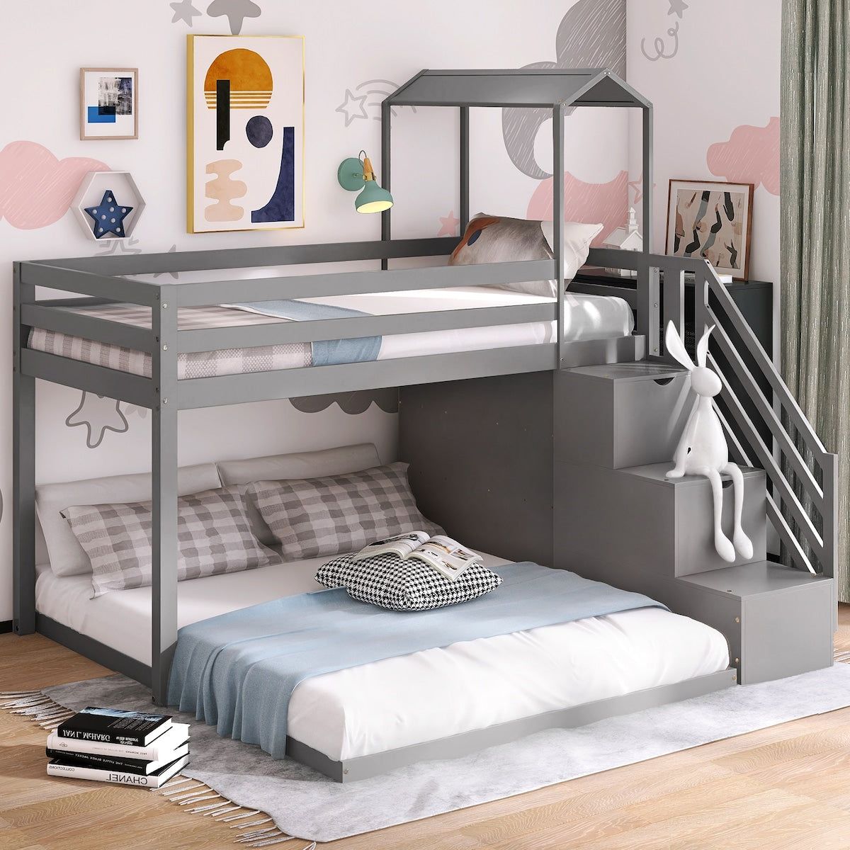 Twin Over Full House Roof Bunk Bed with Staircase, Stairway Bedrfame with Shelves & Moveable Down-Bed & Safety Guardrails