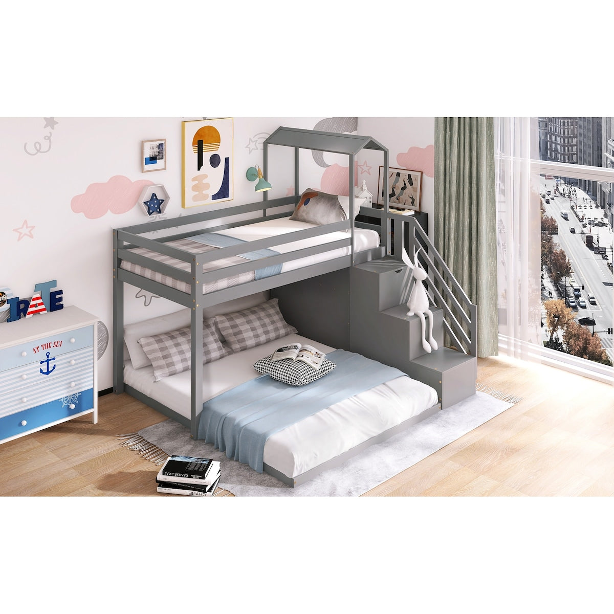 Twin Over Full House Roof Bunk Bed with Staircase, Stairway Bedrfame with Shelves & Moveable Down-Bed & Safety Guardrails