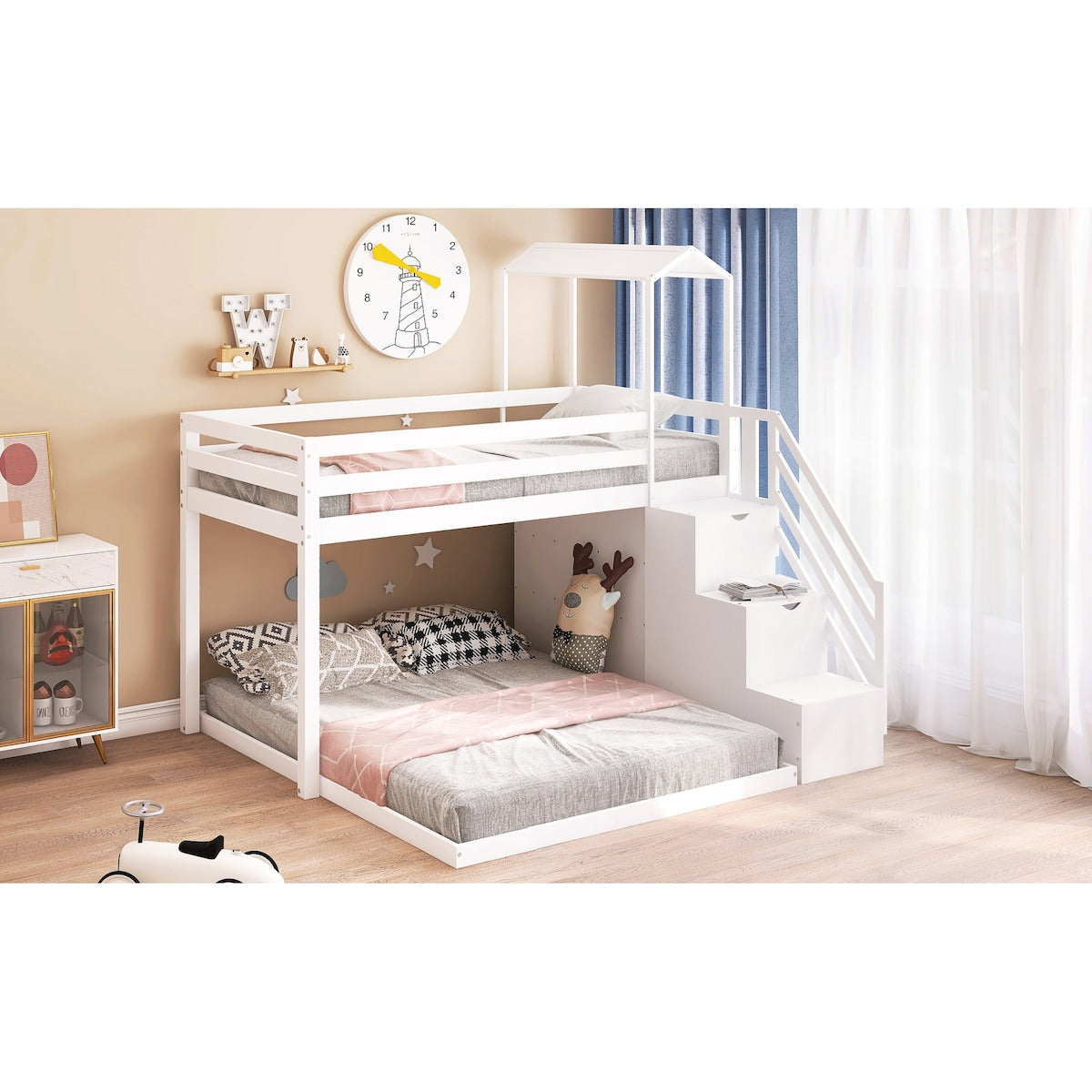 Twin Over Full House Roof Bunk Bed with Staircase, Stairway Bedrfame with Shelves & Moveable Down-Bed & Safety Guardrails