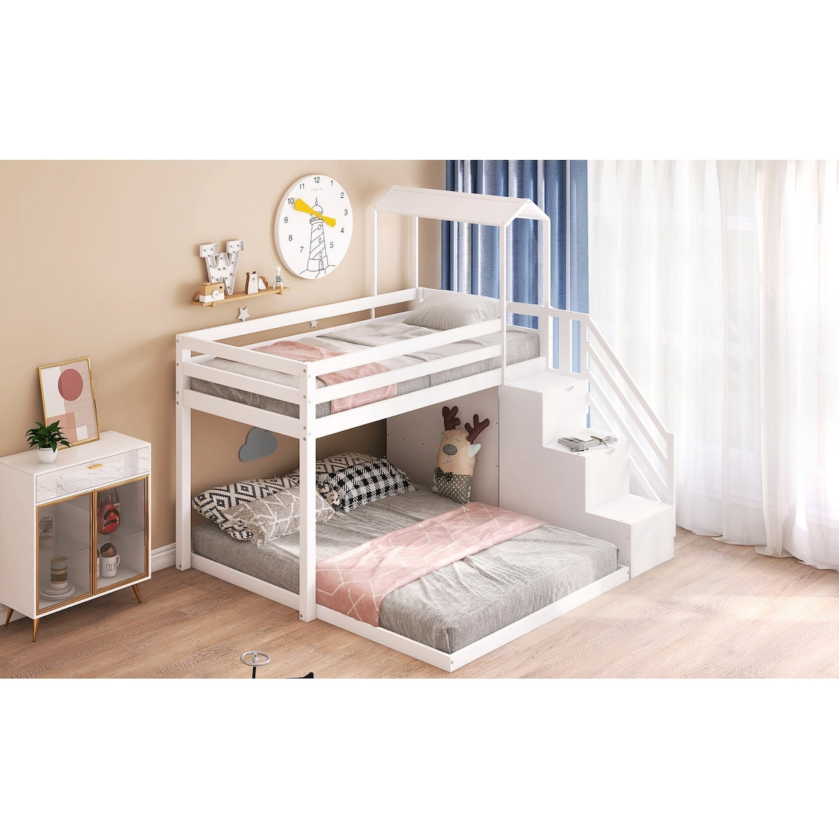 Twin Over Full House Roof Bunk Bed with Staircase, Stairway Bedrfame with Shelves & Moveable Down-Bed & Safety Guardrails