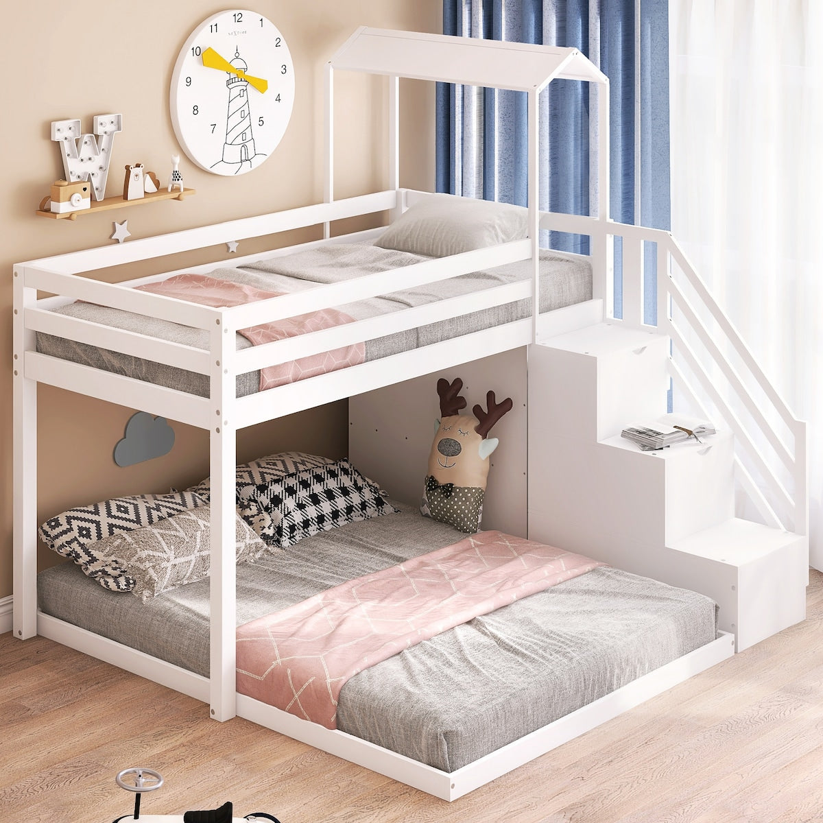 Twin Over Full House Roof Bunk Bed with Staircase, Stairway Bedrfame with Shelves & Moveable Down-Bed & Safety Guardrails