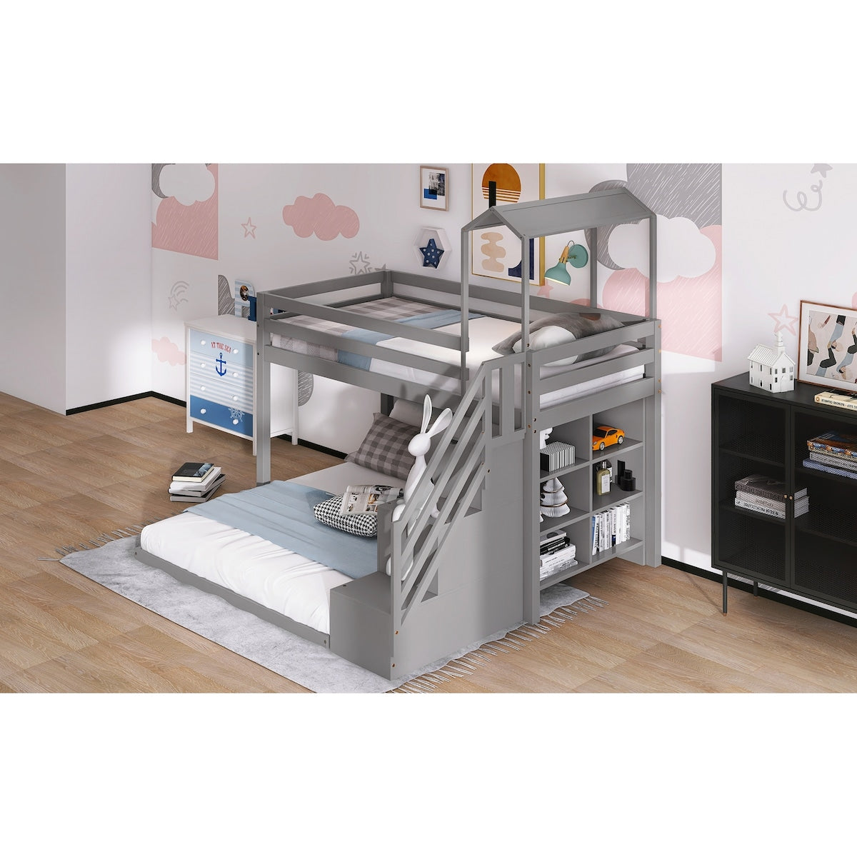Twin Over Full House Roof Bunk Bed with Staircase, Stairway Bedrfame with Shelves & Moveable Down-Bed & Safety Guardrails