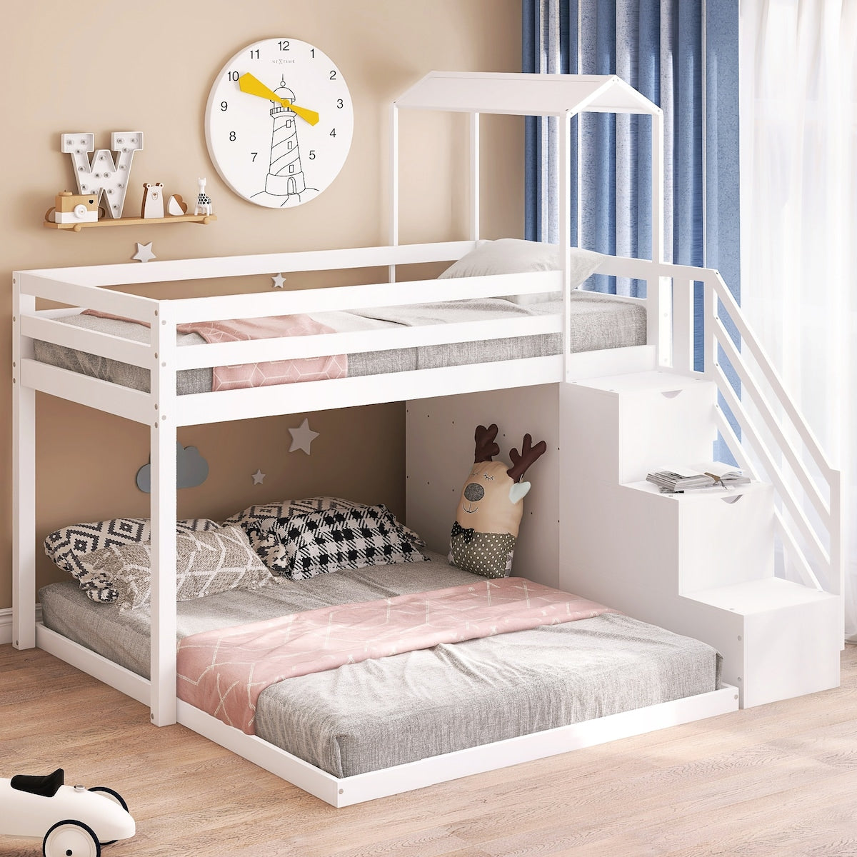Twin Over Full House Roof Bunk Bed with Staircase, Stairway Bedrfame with Shelves & Moveable Down-Bed & Safety Guardrails