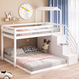 Twin Over Full House Roof Bunk Bed with Staircase, Stairway Bedrfame with Shelves & Moveable Down-Bed & Safety Guardrails