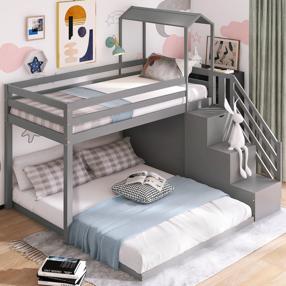 Twin Over Full House Roof Bunk Bed with Staircase, Stairway Bedrfame with Shelves & Moveable Down-Bed & Safety Guardrails