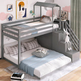 Twin Over Full House Roof Bunk Bed with Staircase, Stairway Bedrfame with Shelves & Moveable Down-Bed & Safety Guardrails