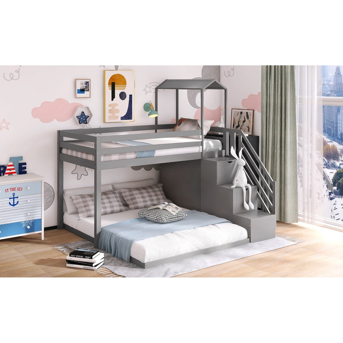 Twin Over Full House Roof Bunk Bed with Staircase, Stairway Bedrfame with Shelves & Moveable Down-Bed & Safety Guardrails