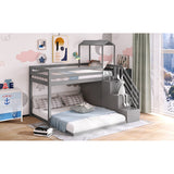 Twin Over Full House Roof Bunk Bed with Staircase, Stairway Bedrfame with Shelves & Moveable Down-Bed & Safety Guardrails