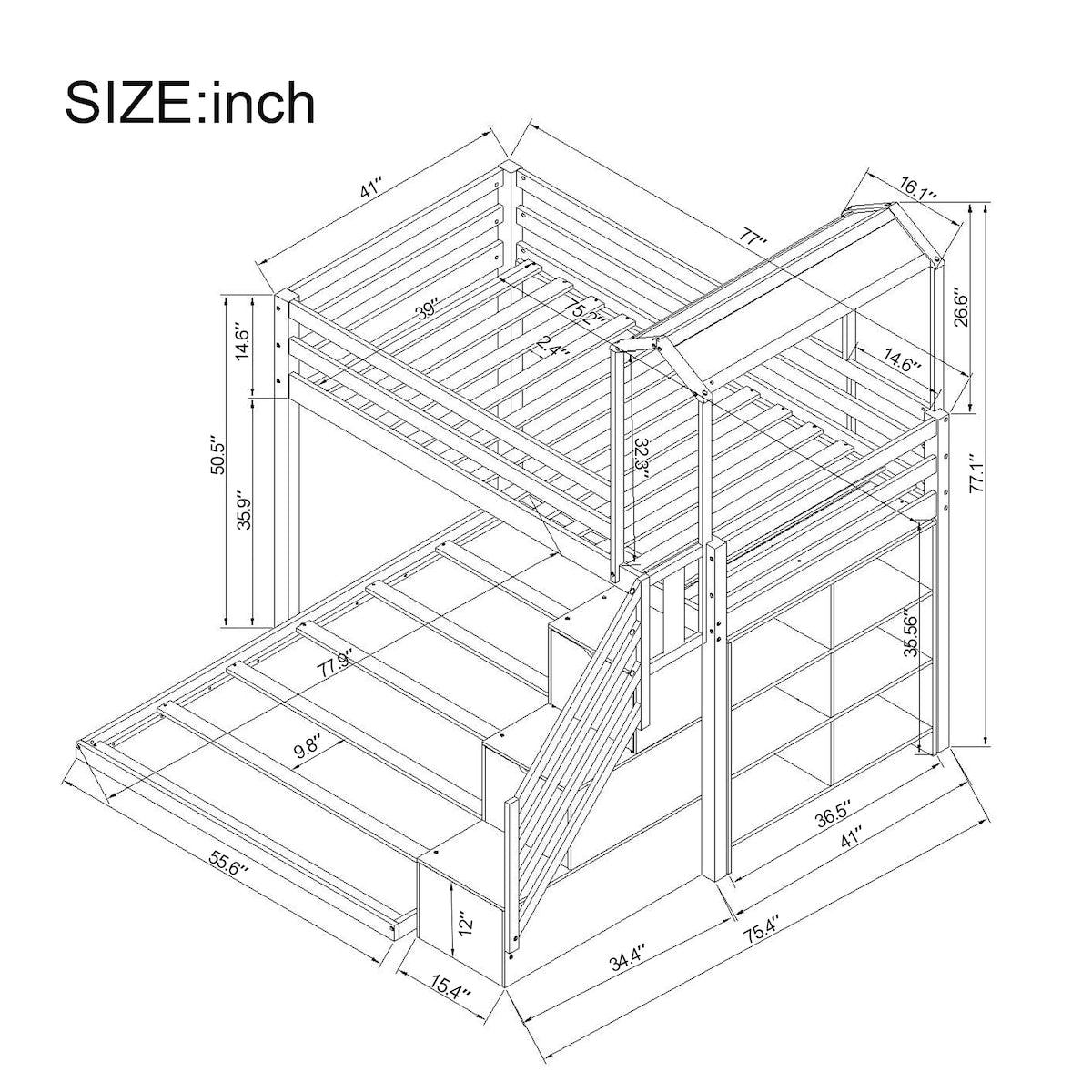 Twin Over Full House Roof Bunk Bed with Staircase, Stairway Bedrfame with Shelves & Moveable Down-Bed & Safety Guardrails