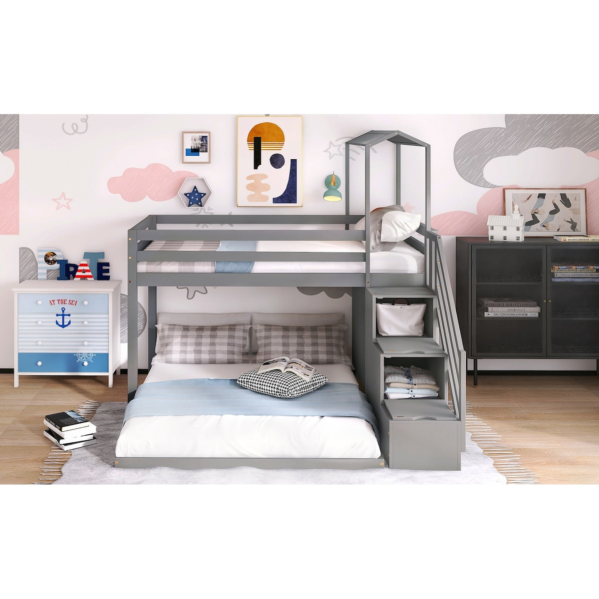 Twin Over Full House Roof Bunk Bed with Staircase, Stairway Bedrfame with Shelves & Moveable Down-Bed & Safety Guardrails