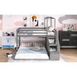 Twin Over Full House Roof Bunk Bed with Staircase, Stairway Bedrfame with Shelves & Moveable Down-Bed & Safety Guardrails