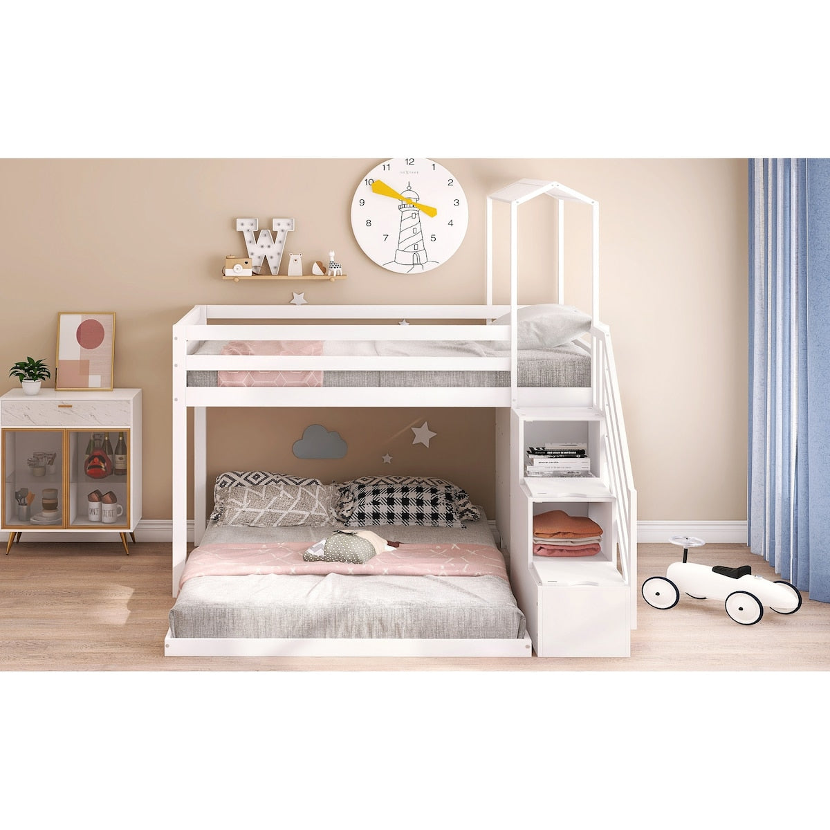 Twin Over Full House Roof Bunk Bed with Staircase, Stairway Bedrfame with Shelves & Moveable Down-Bed & Safety Guardrails