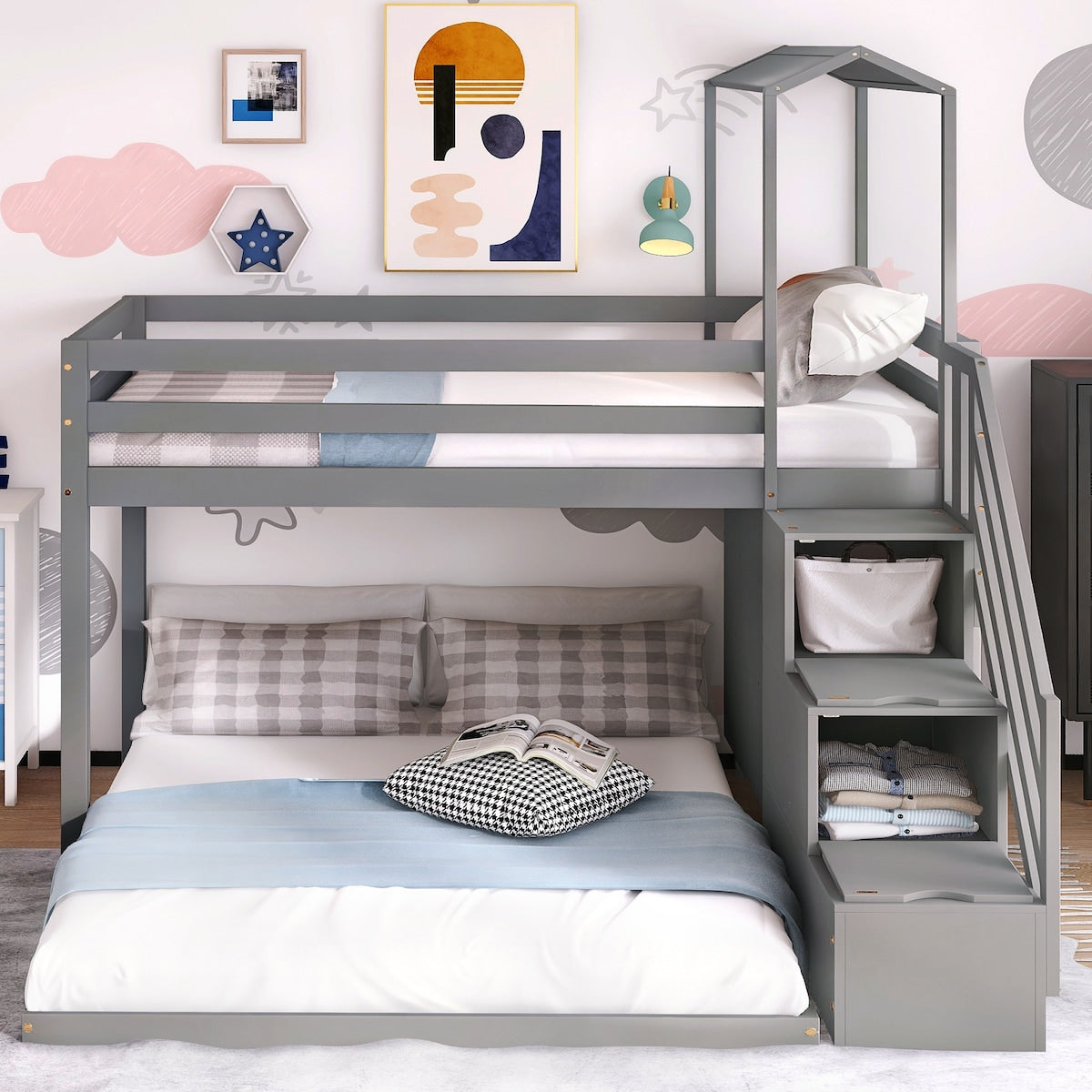 Twin Over Full House Roof Bunk Bed with Staircase, Stairway Bedrfame with Shelves & Moveable Down-Bed & Safety Guardrails