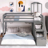 Twin Over Full House Roof Bunk Bed with Staircase, Stairway Bedrfame with Shelves & Moveable Down-Bed & Safety Guardrails