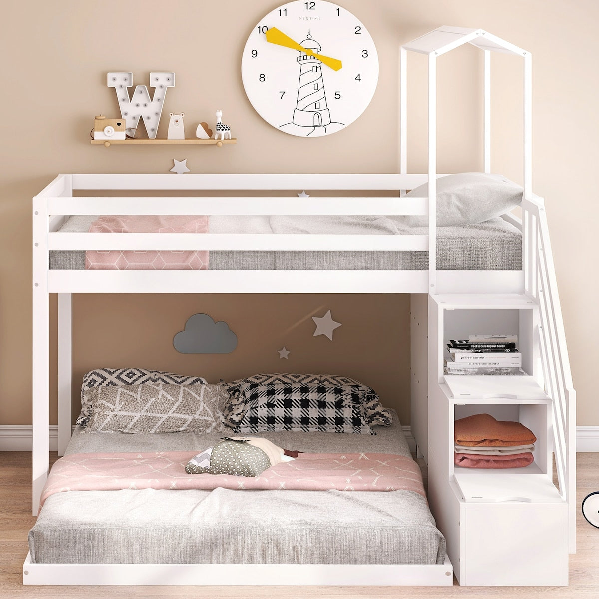 Twin Over Full House Roof Bunk Bed with Staircase, Stairway Bedrfame with Shelves & Moveable Down-Bed & Safety Guardrails