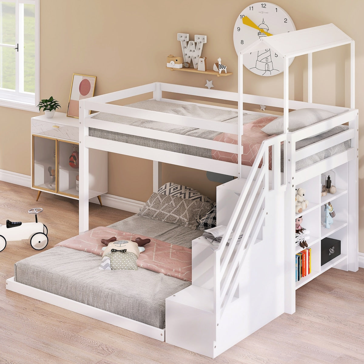 Twin Over Full House Roof Bunk Bed with Staircase, Stairway Bedrfame with Shelves & Moveable Down-Bed & Safety Guardrails