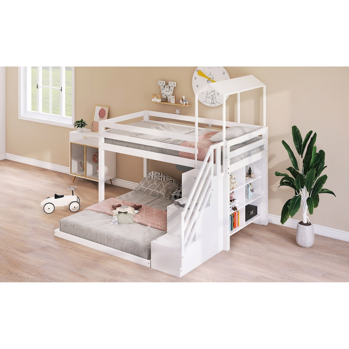 Twin Over Full House Roof Bunk Bed with Staircase, Stairway Bedrfame with Shelves & Moveable Down-Bed & Safety Guardrails