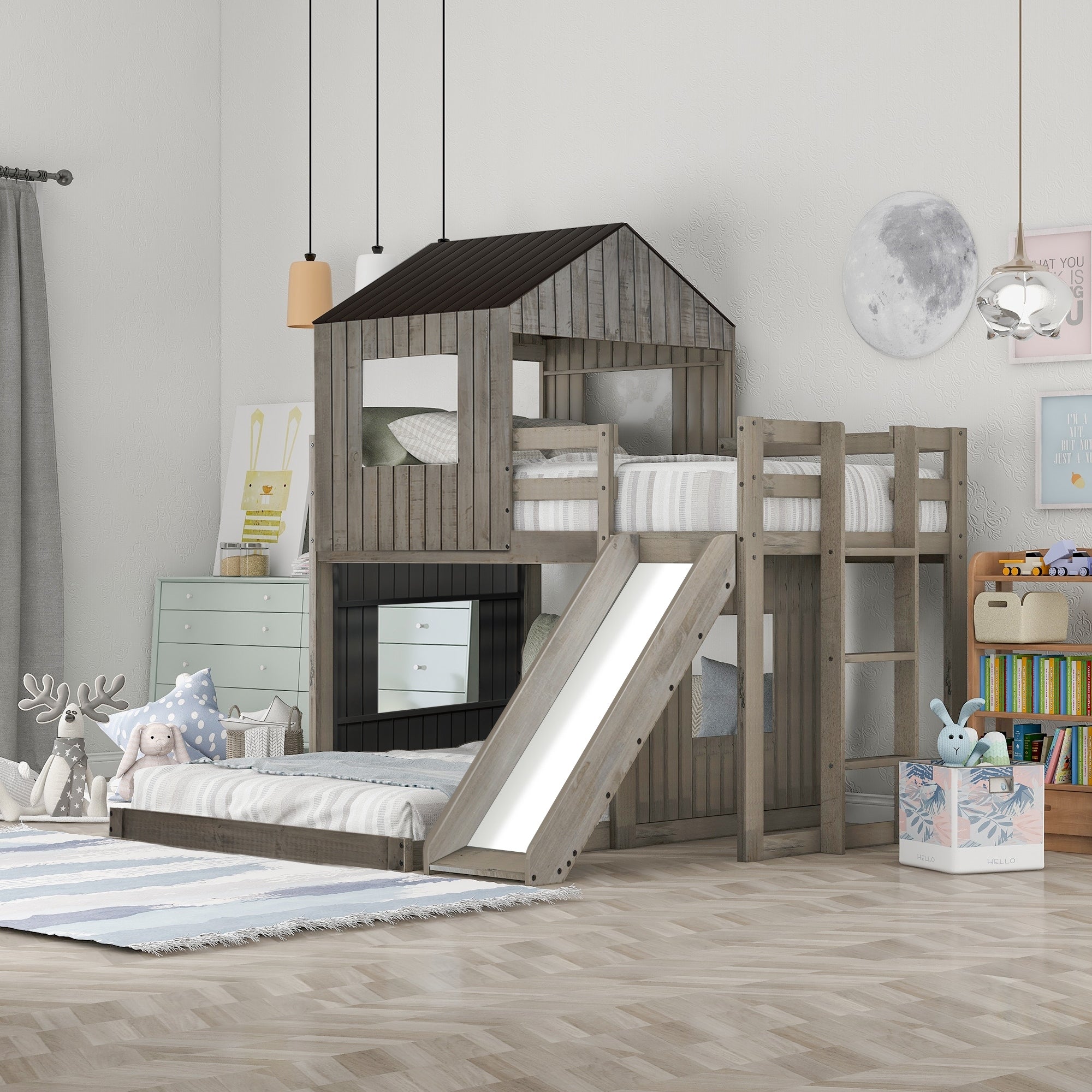 Twin Over Full Solid Pine Wood and MDF Bunk Bed Loft Bed with Playhouse Farmhouse Ladder Slide and Guardrails Grey