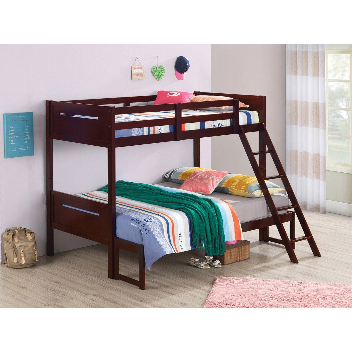 Twin Over Full Wood Slat Bunk Bed with Angled Ladder
