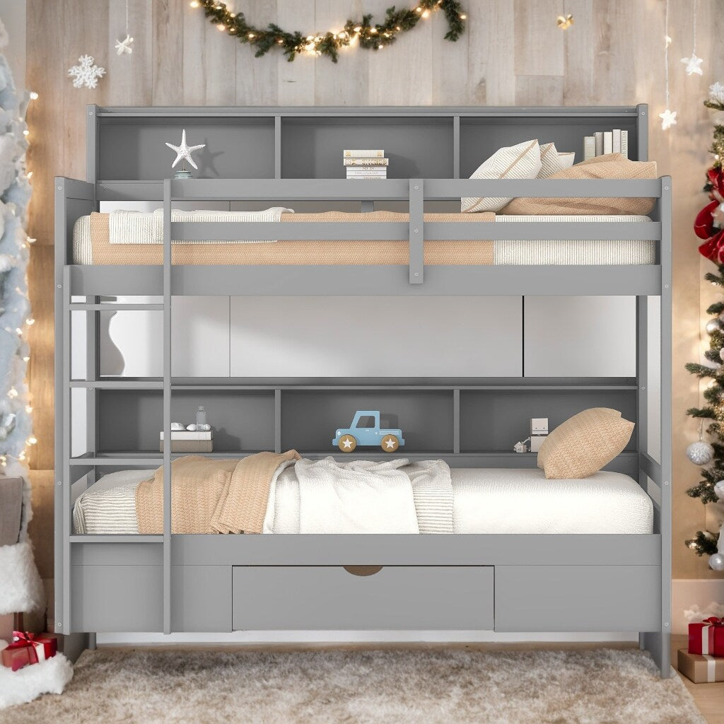Twin Over Twin Bunk Bed With Built-in Shelves And Storage Drawer for Bedroom