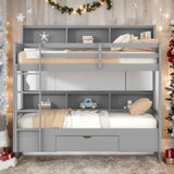 Twin Over Twin Bunk Bed With Built-in Shelves And Storage Drawer for Bedroom