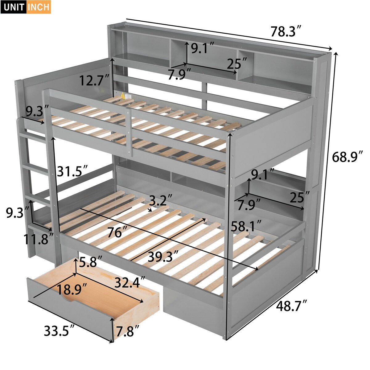 Twin Over Twin Bunk Bed With Built-in Shelves And Storage Drawer for Bedroom