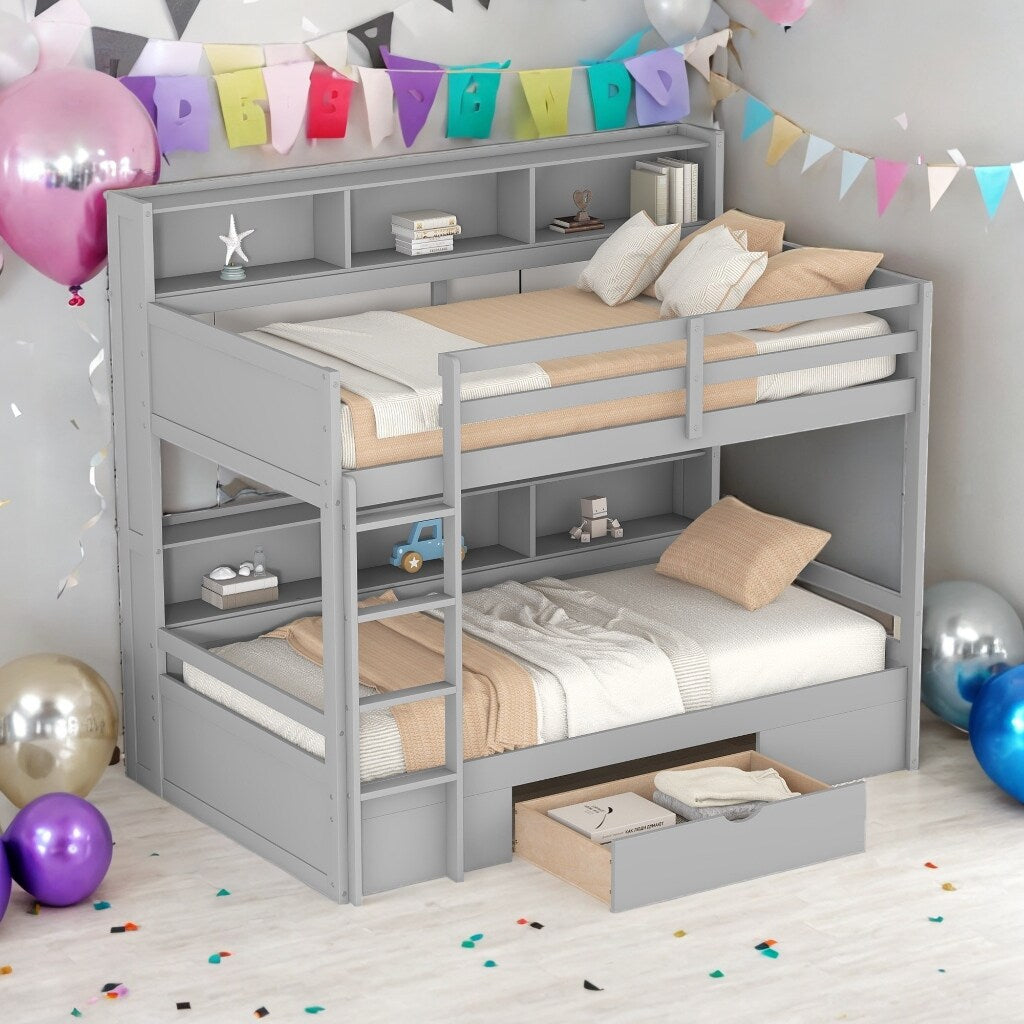 Twin Over Twin Bunk Bed With Built-in Shelves And Storage Drawer for Bedroom