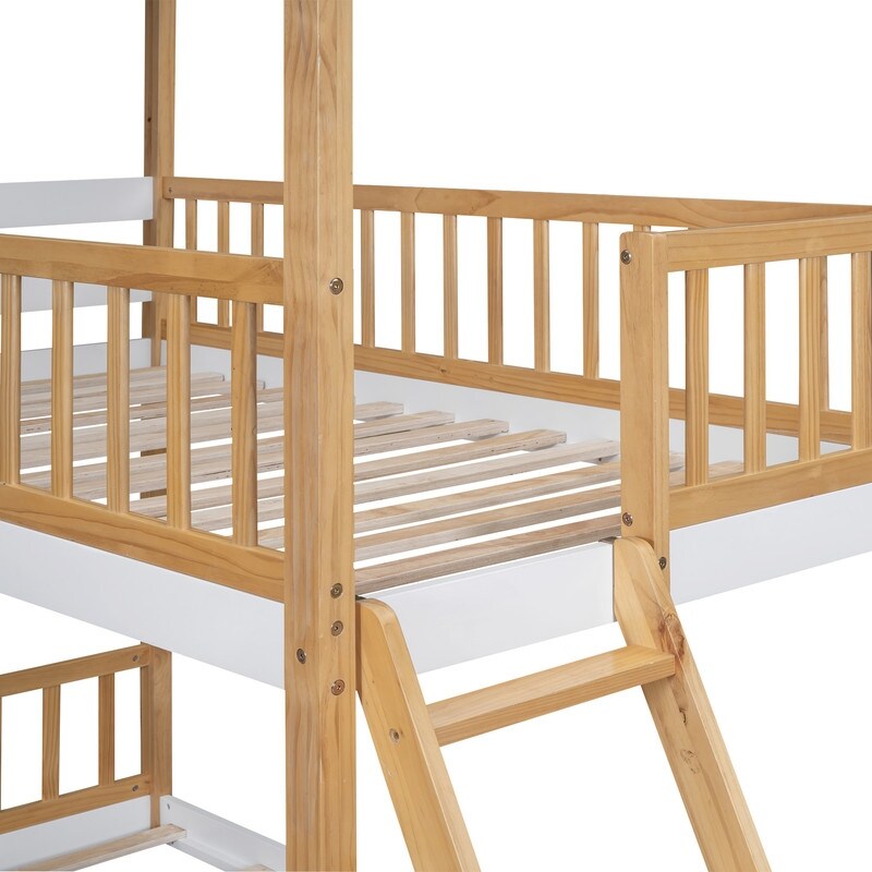 Twin Over Twin Bunk Bed Wood Kids Bed with Roof Window and Ladder Kids Furniture House Bed, Gray