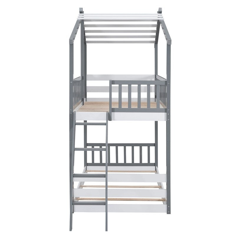 Twin Over Twin Bunk Bed Wood Kids Bed with Roof Window and Ladder Kids Furniture House Bed, Gray